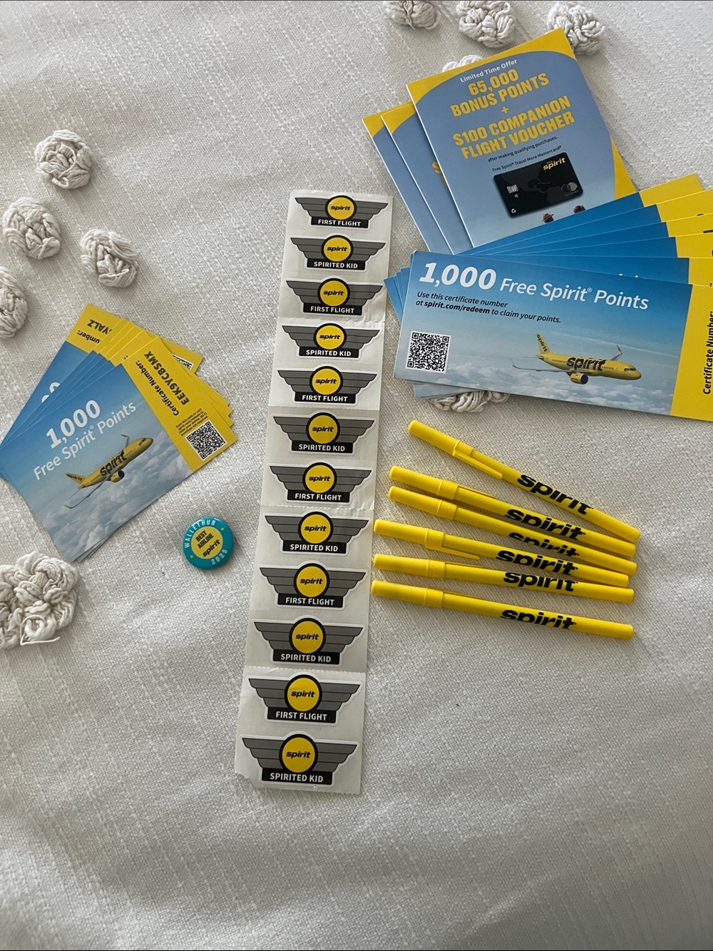 SOLD!!SPIRIT Airlines pens, wings sticker, button and misc